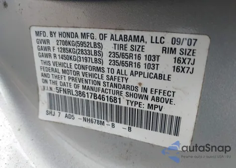 2007 Honda Odyssey Ex-L from USA, damaged, VIN 5FNRL38617B461681